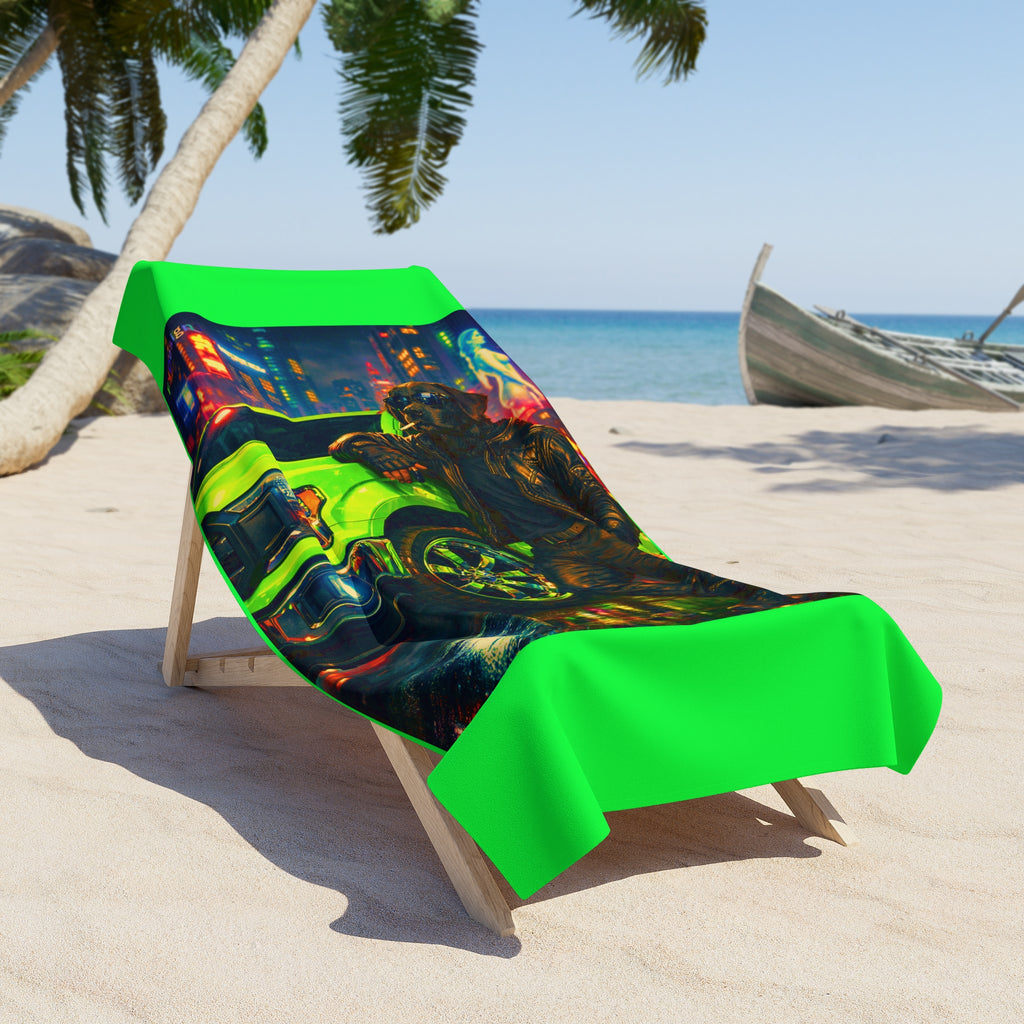 Neon Night Rider Beach Towel —Yellow Lab Retro Cyberpunk Car & Rider Design