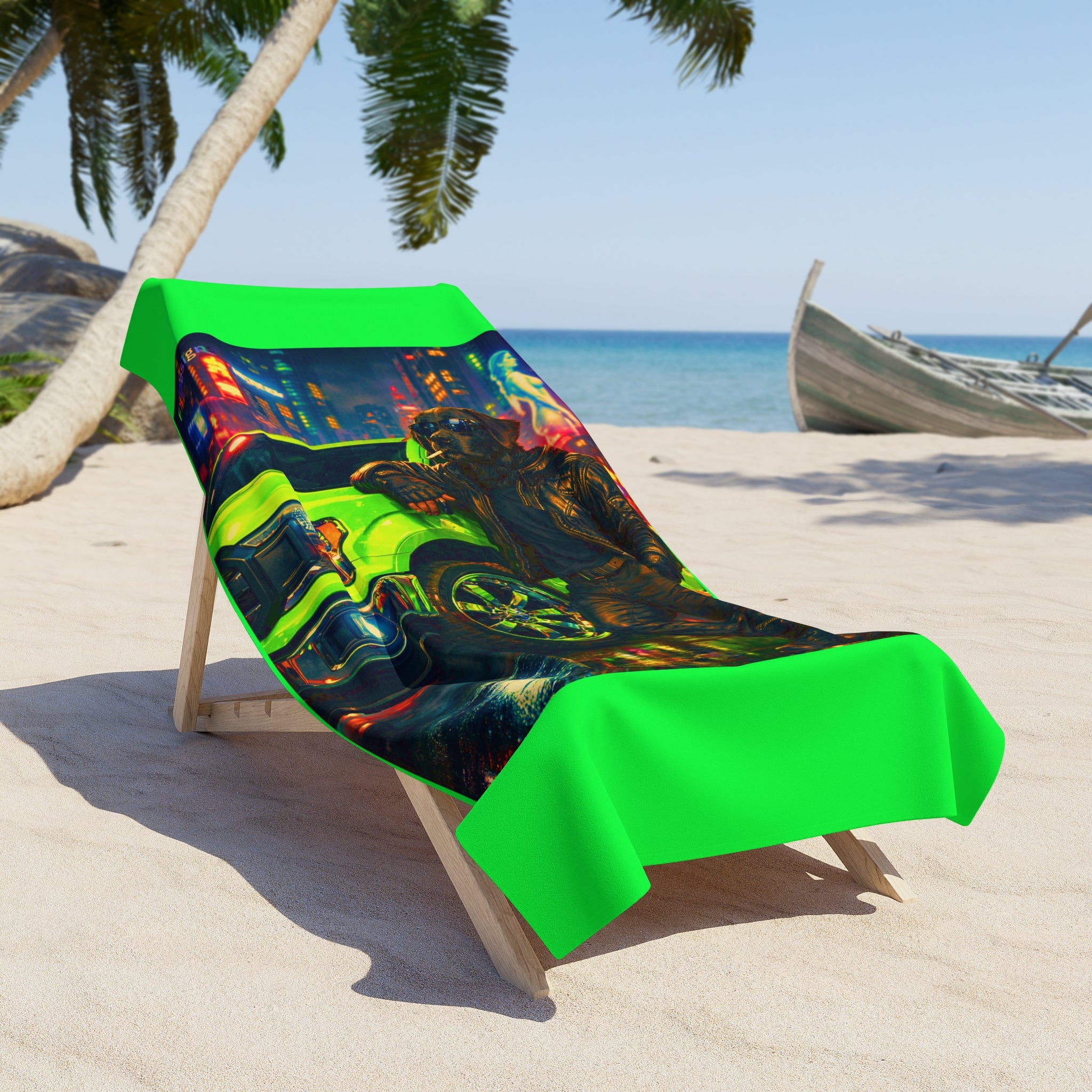 Neon Night Rider Beach Towel —Yellow Lab Retro Cyberpunk Car & Rider Design