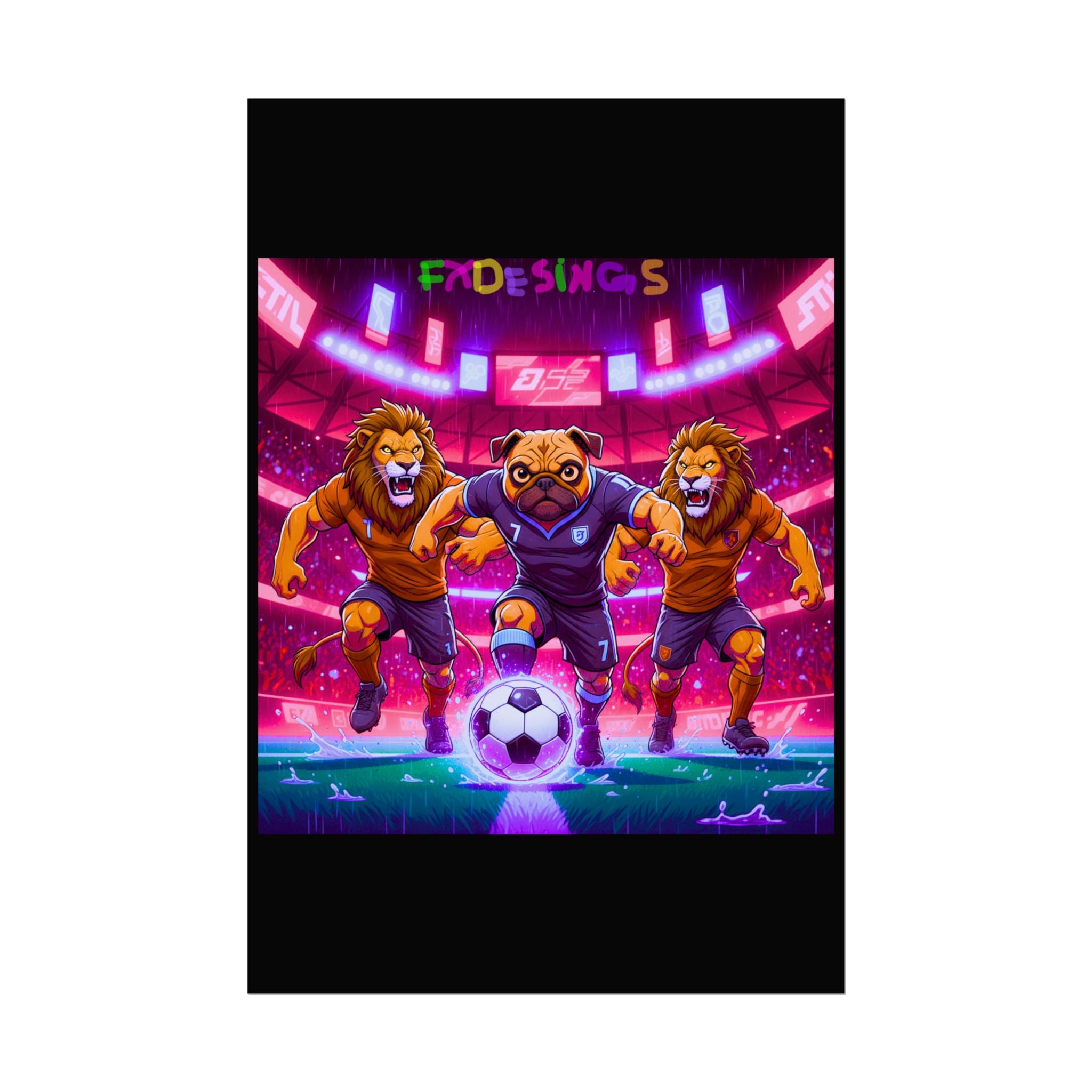 Rolled Poster — Neon Soccer Pug Mascot with Lions Stadium Art