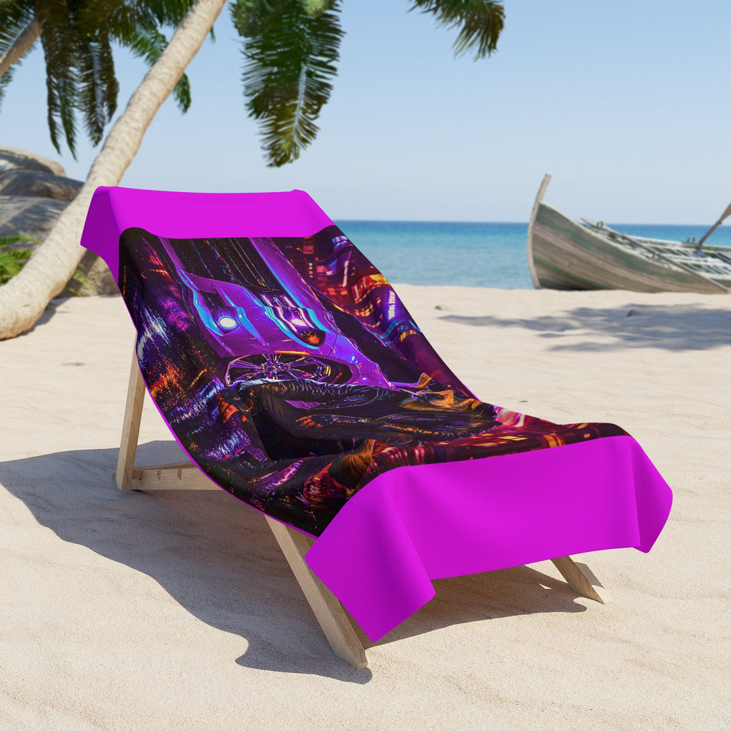 Neon Night Rider Yellow Lab Beach Towel — Yellow Lab with Muscle Car Retro Cyberpunk Design