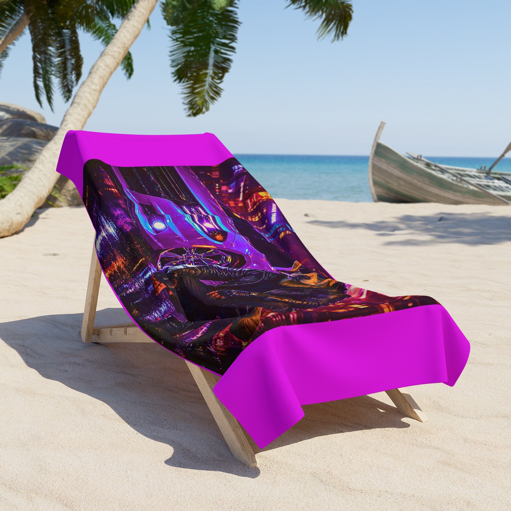 Neon Night Rider Yellow Lab Beach Towel — Yellow Lab with Muscle Car Retro Cyberpunk Design