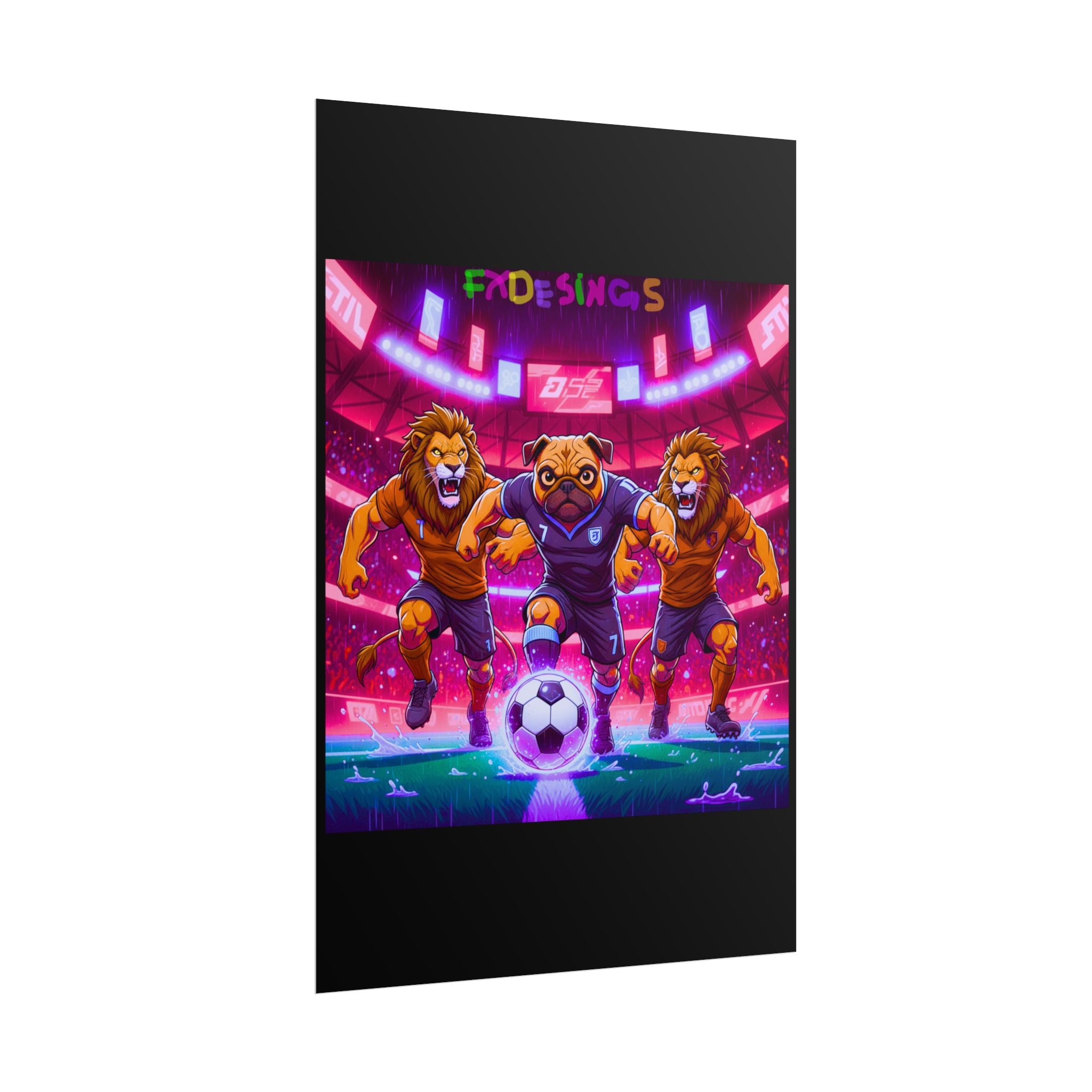 Rolled Poster — Neon Soccer Pug Mascot with Lions Stadium Art