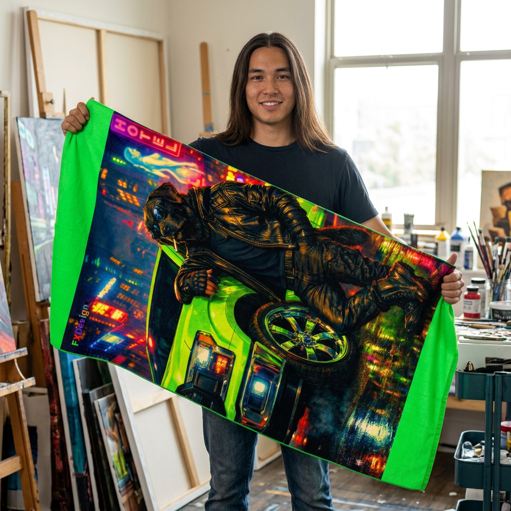 Neon Night Rider Beach Towel —Yellow Lab Retro Cyberpunk Car & Rider Design