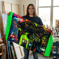 Neon Night Rider Beach Towel —Yellow Lab Retro Cyberpunk Car & Rider Design
