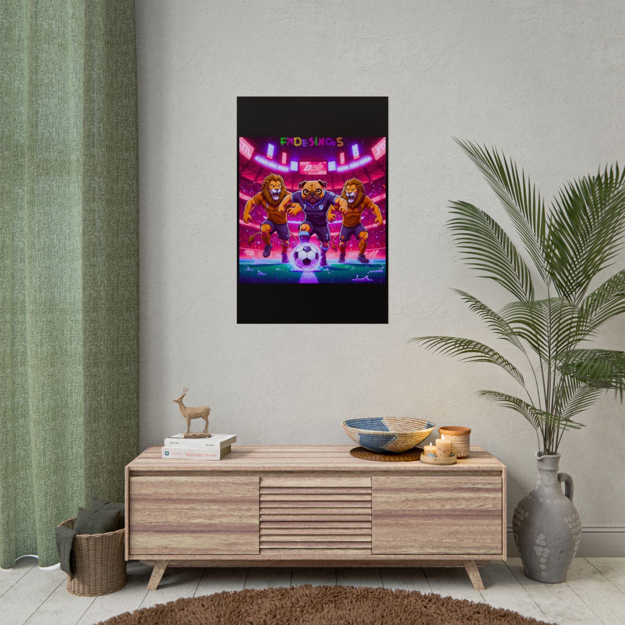 Rolled Poster — Neon Soccer Pug Mascot with Lions Stadium Art