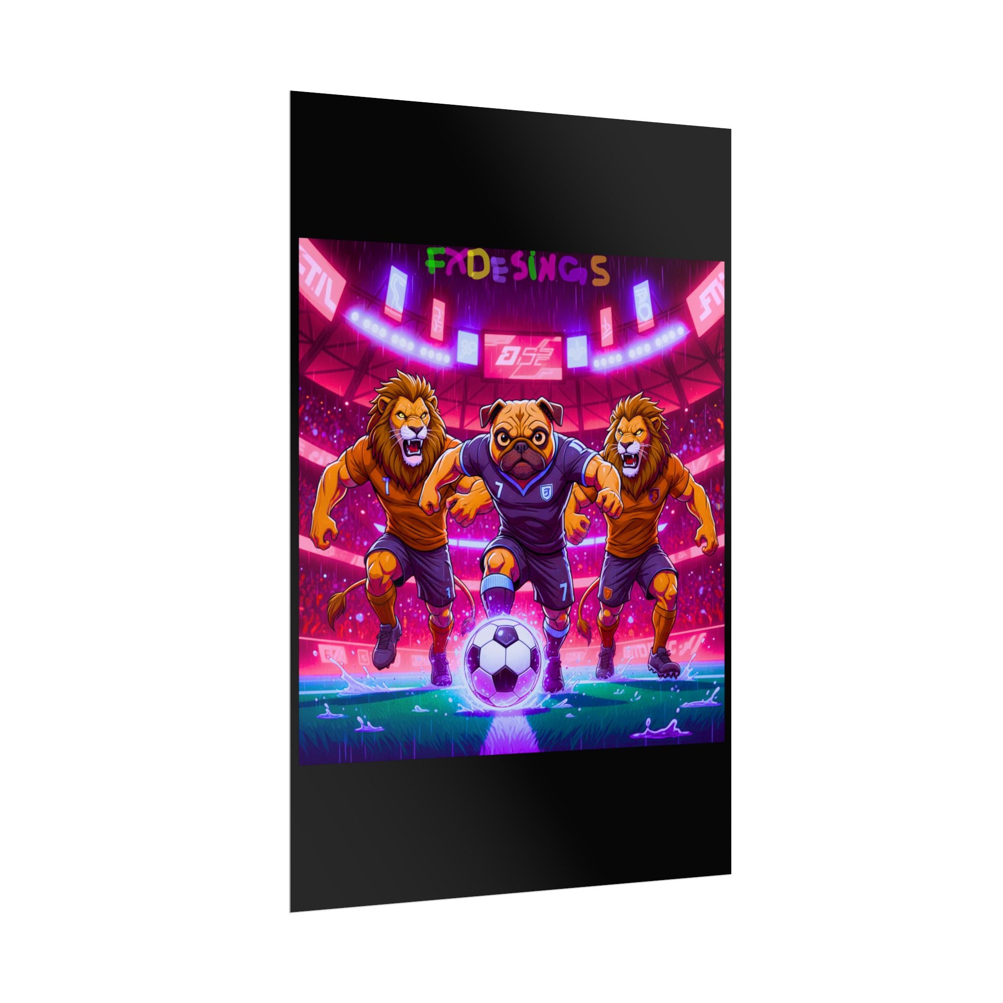 Rolled Poster — Neon Soccer Pug Mascot with Lions Stadium Art