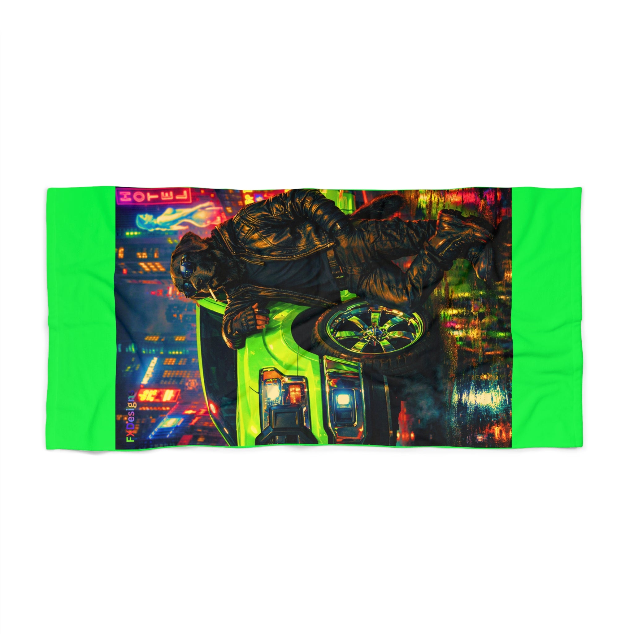 Neon Night Rider Beach Towel —Yellow Lab Retro Cyberpunk Car & Rider Design