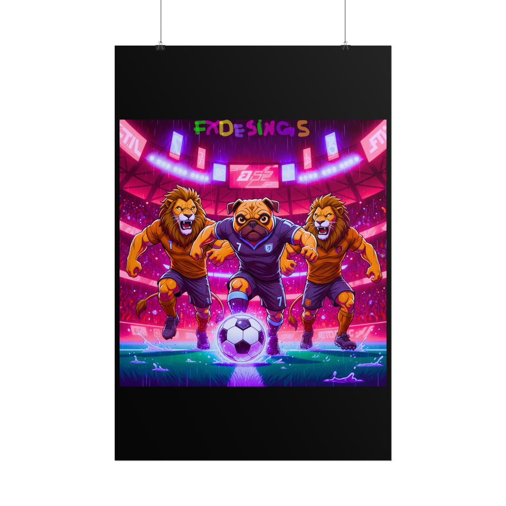 Rolled Poster — Neon Soccer Pug Mascot with Lions Stadium Art