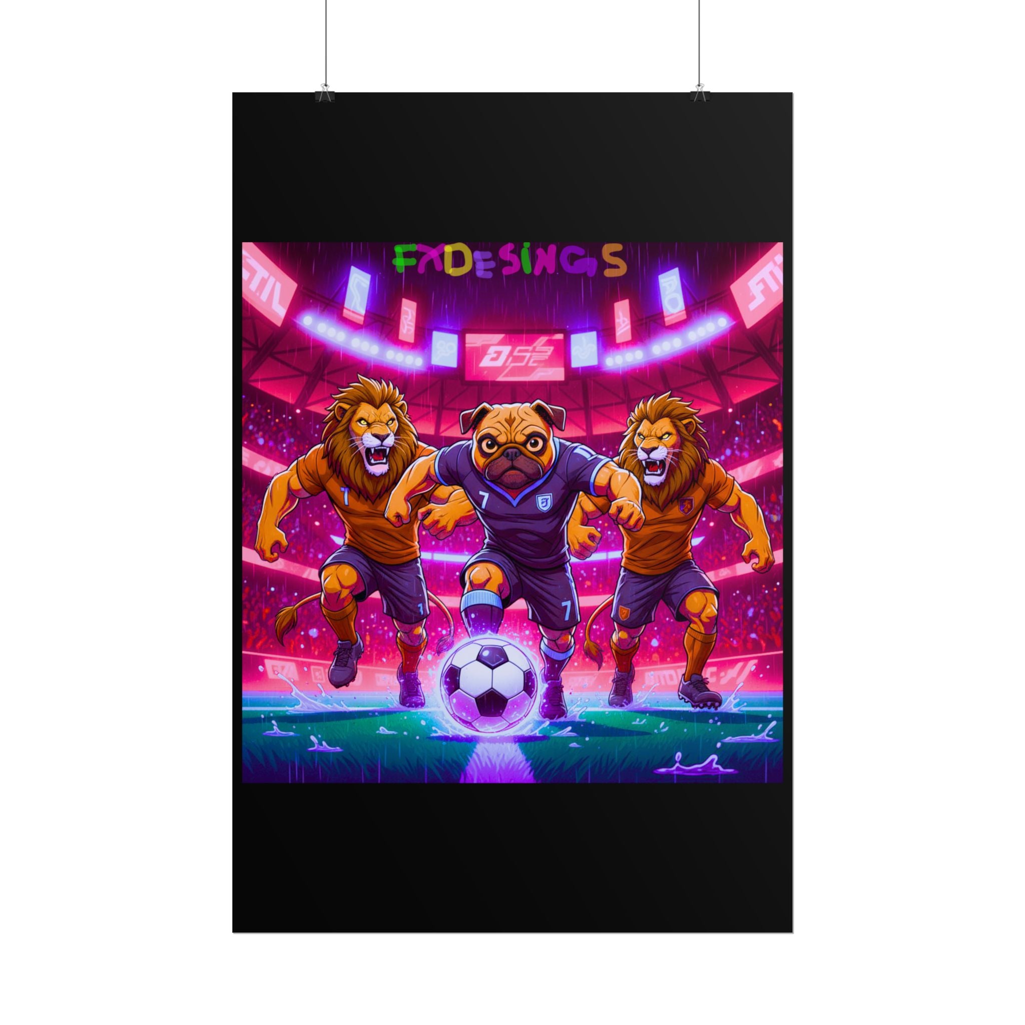 Rolled Poster — Neon Soccer Pug Mascot with Lions Stadium Art