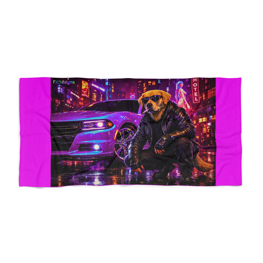 Neon Night Rider Yellow Lab Beach Towel — Yellow Lab with Muscle Car Retro Cyberpunk Design